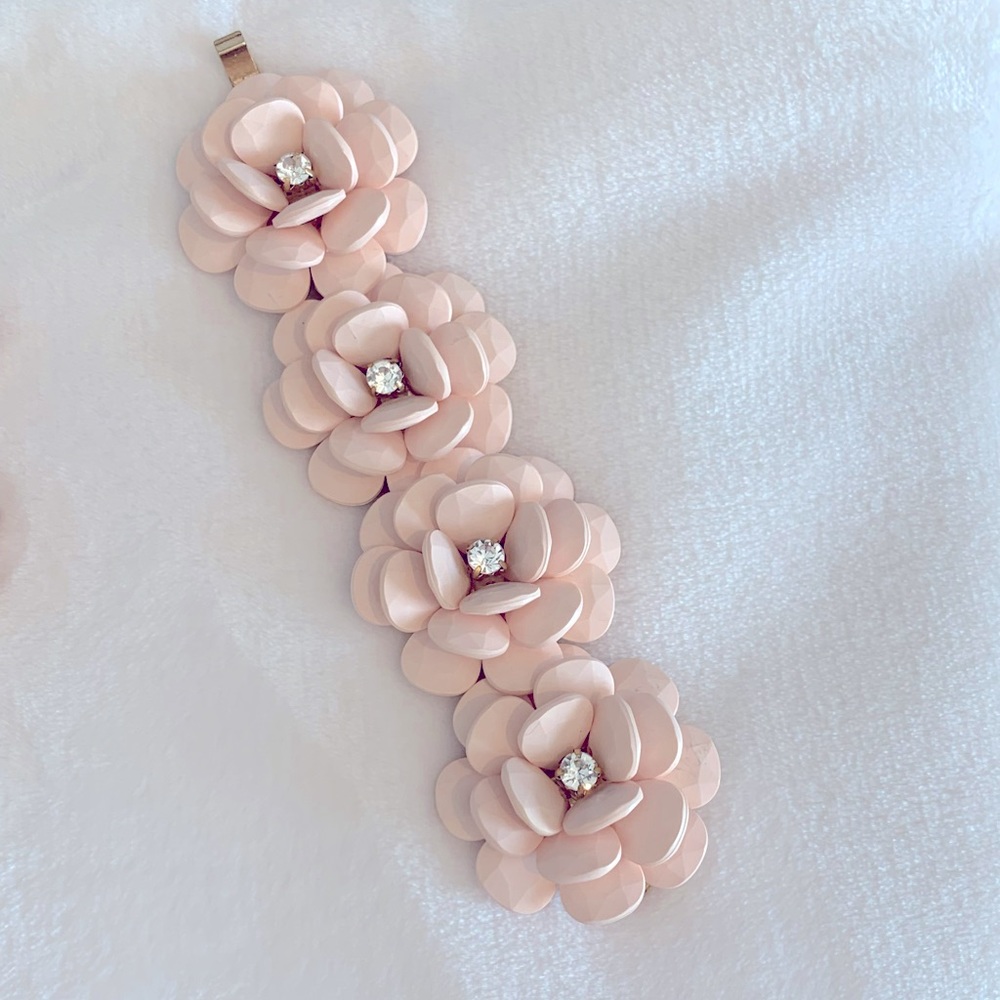 J Crew Rose Beaded Flower Bracelet Pink Blush Floral Ceramic Design Rhinestones